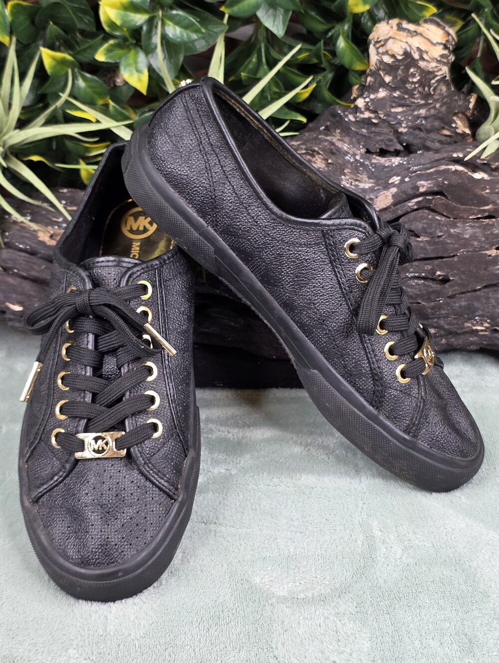 Michael Kors Boerum Black MK Signature Logo Sneaker - Gold Hardware